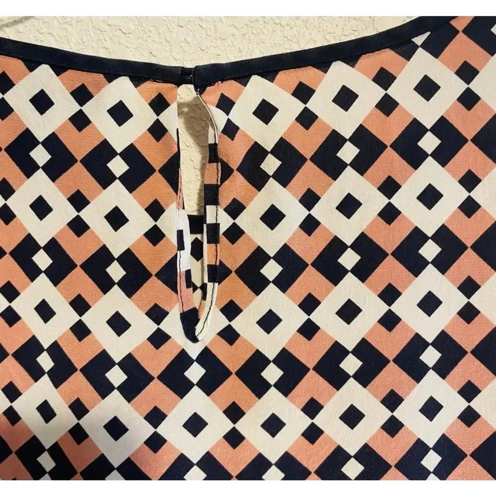 J. Crew Navy and Blush Geometric Pattern Silk Blouse Size 2